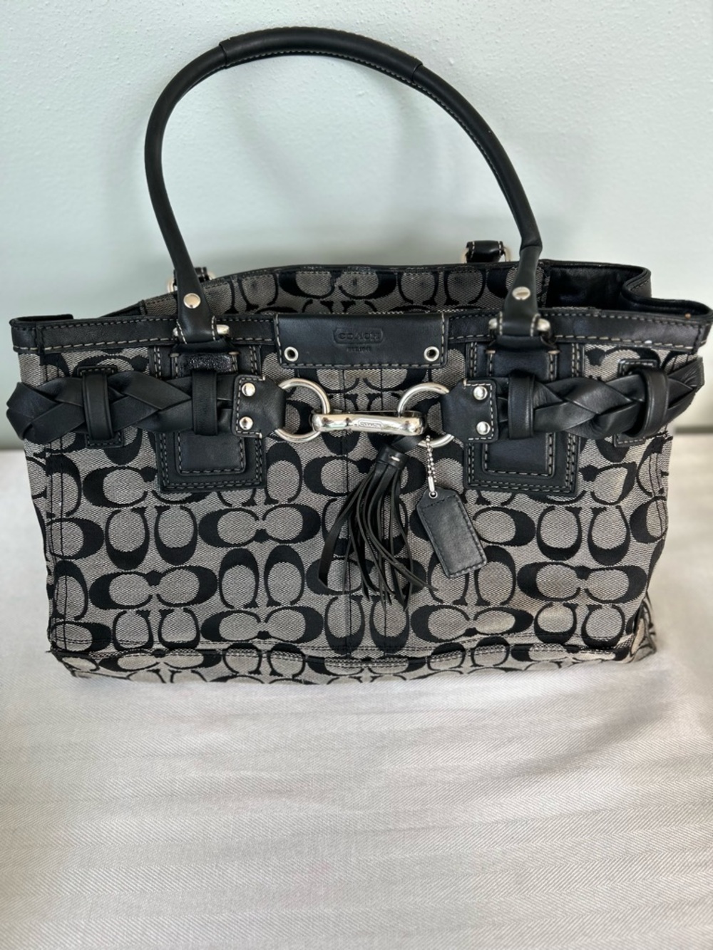Coach Black and Gray Signature Canvas Tote with Braided Trim